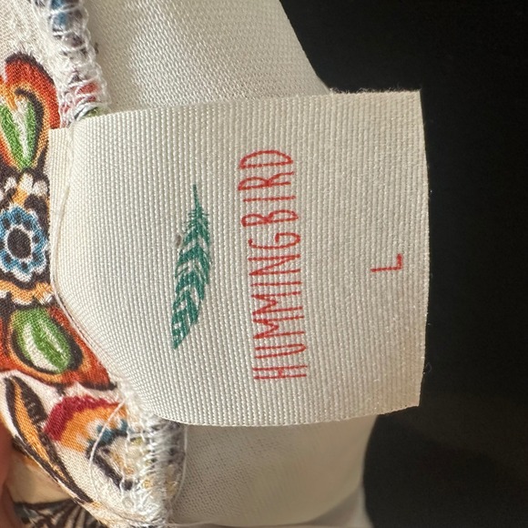 Hummingbird Floral Print Mini Dress V Neck Short Sleeve Tie Waist Summer White L - Picture 8 of 8